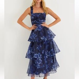 LULU'S‎ NWT Dramatic Glamour Navy Blue Floral Organza Tiered Midi Dress S